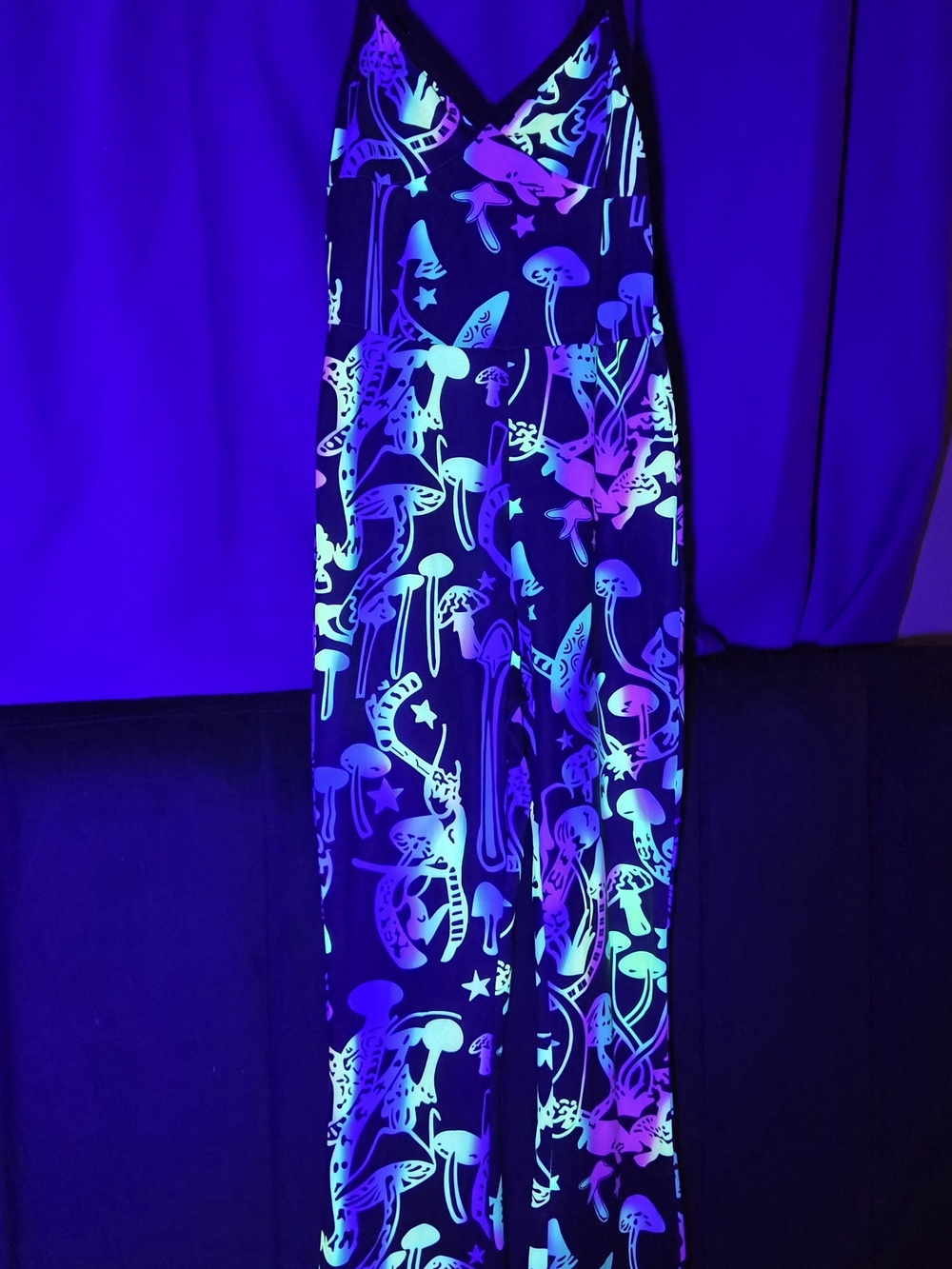 Women's Black Rave Festival Jumpsuit with Neon Mushroom Print